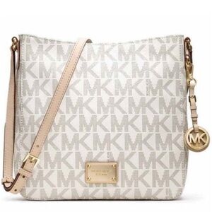 Michael Kors White and Tan Crossbody Bag with Signature Logo